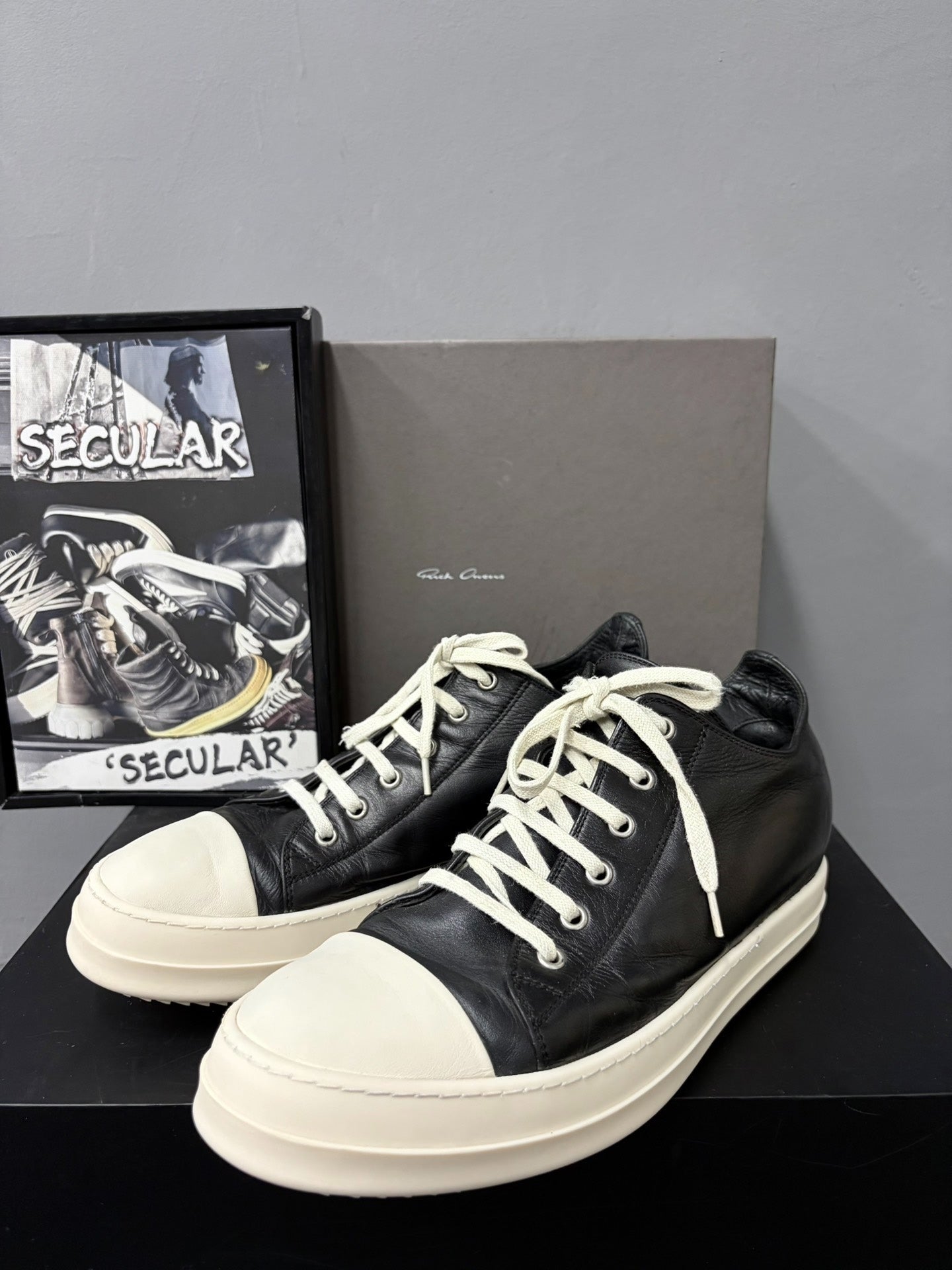 Rick Owens Leather Black White Low-Top Sneakers