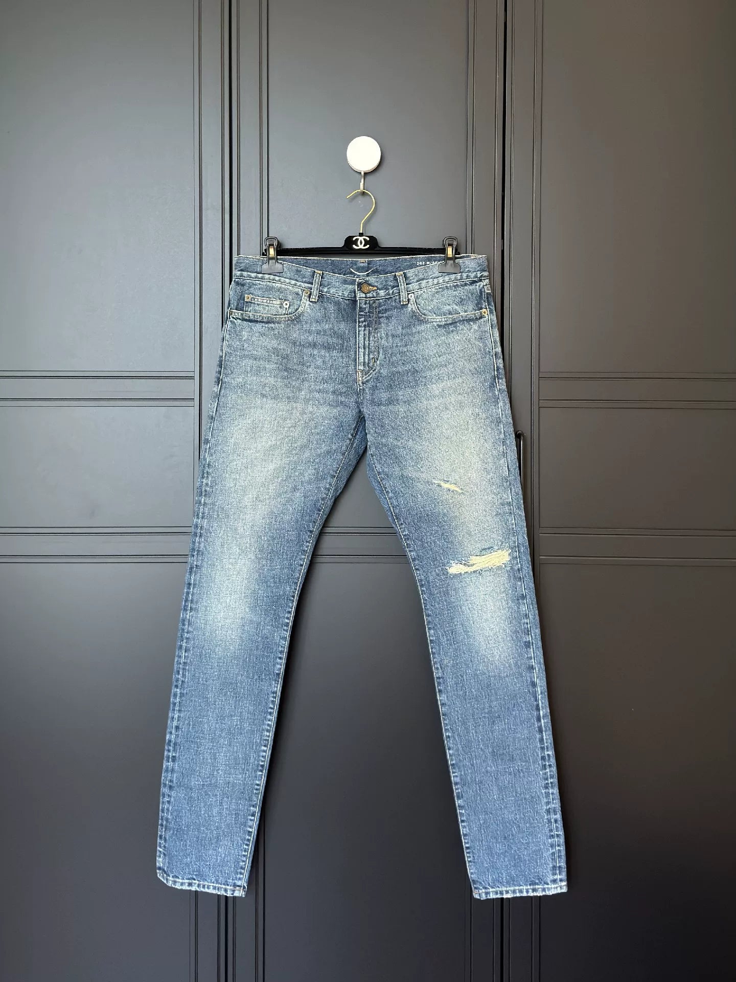 Saint Laurent Men's Distressed Washed Blue Jeans