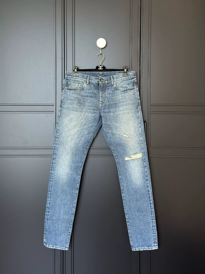 Saint Laurent Men's Distressed Washed Blue Jeans