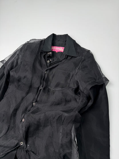 black sheer long shirt with deconstructed design