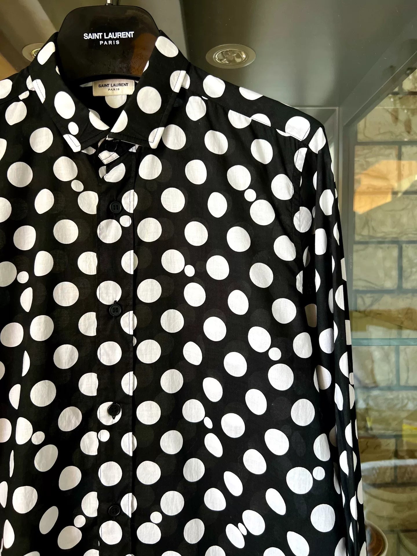 black and white polka dot shirt