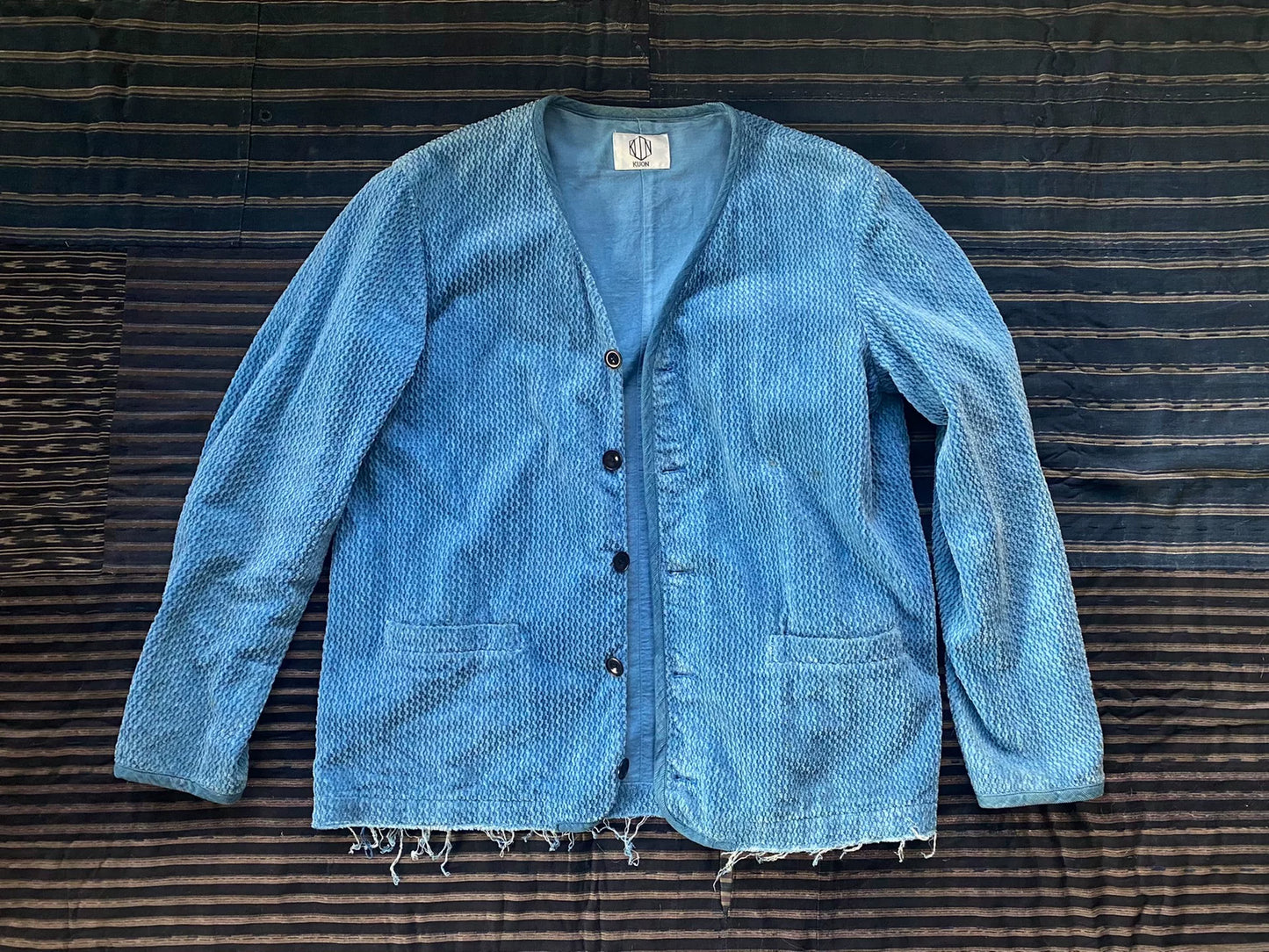blue indigo collarless jacket