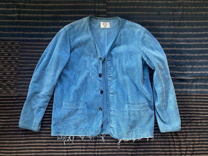 blue indigo collarless jacket