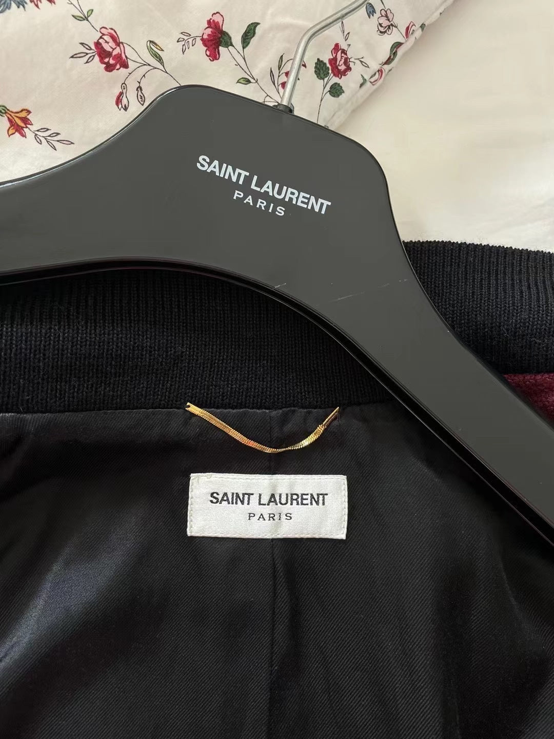 Saint Laurent Maroon Leather Sleeve Varsity Jacket