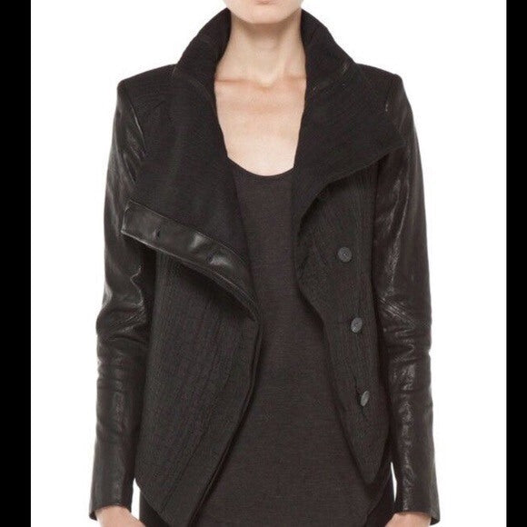 Flap Collar Leather Wool Jacket