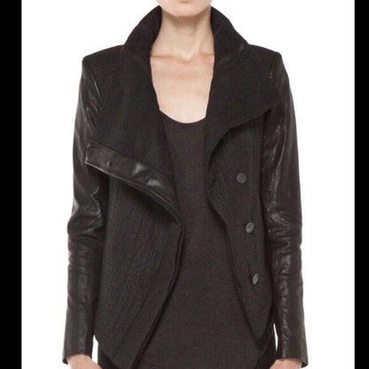 Flap Collar Leather Wool Jacket