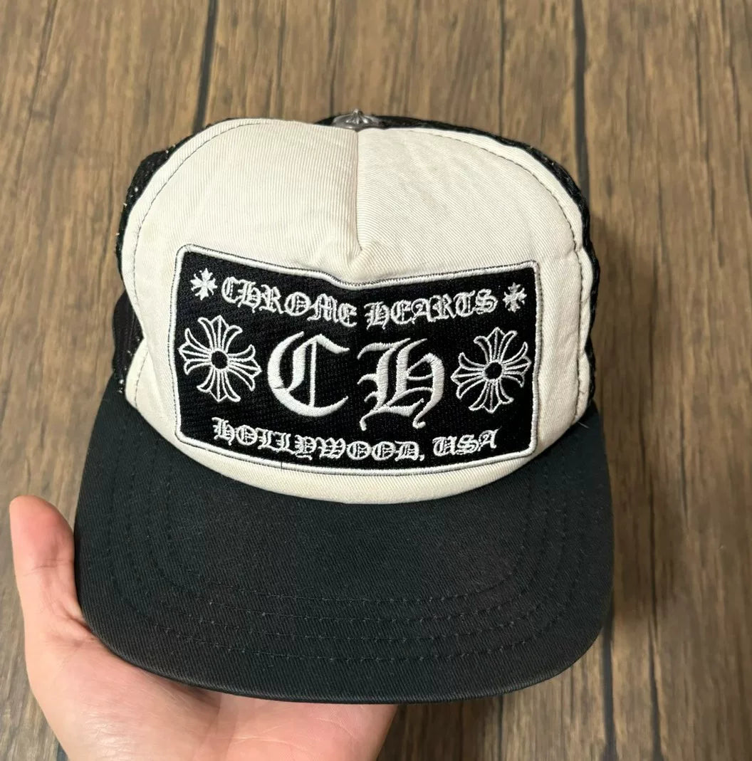 chrome hearts black and white trucker cap