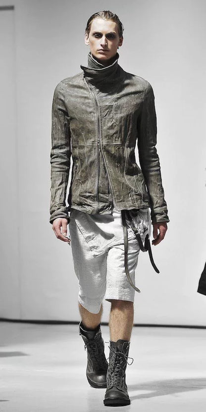Julius_7 Black High Neck Leather Jacket