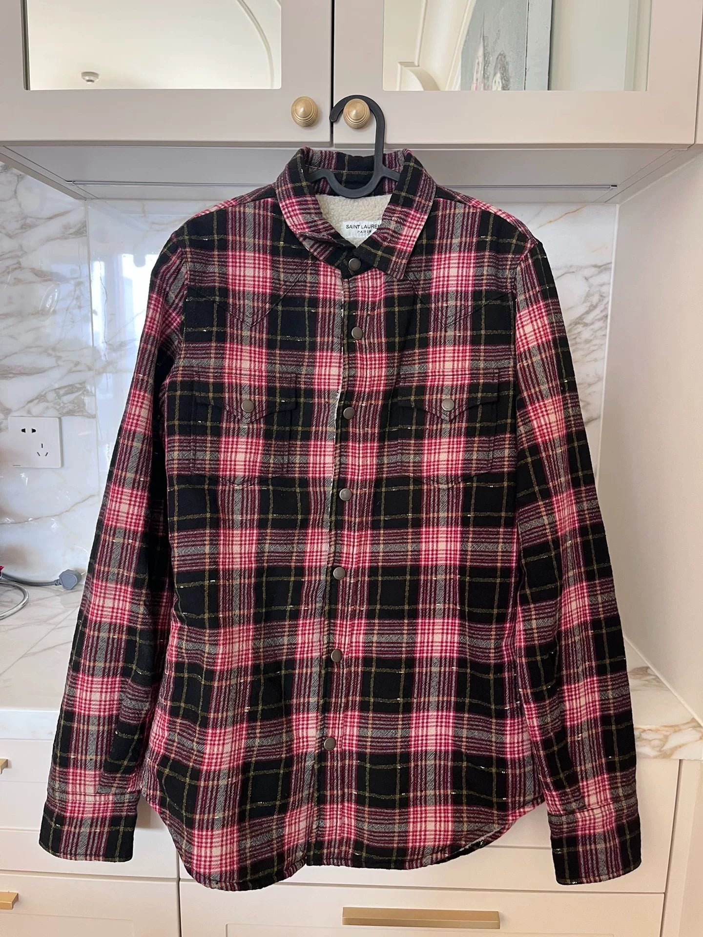 Saint Laurent Red/Black Plaid Shearling Shirt Jacket