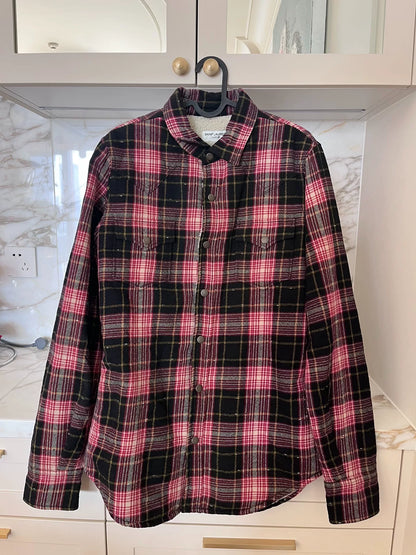 Saint Laurent Red/Black Plaid Shearling Shirt Jacket
