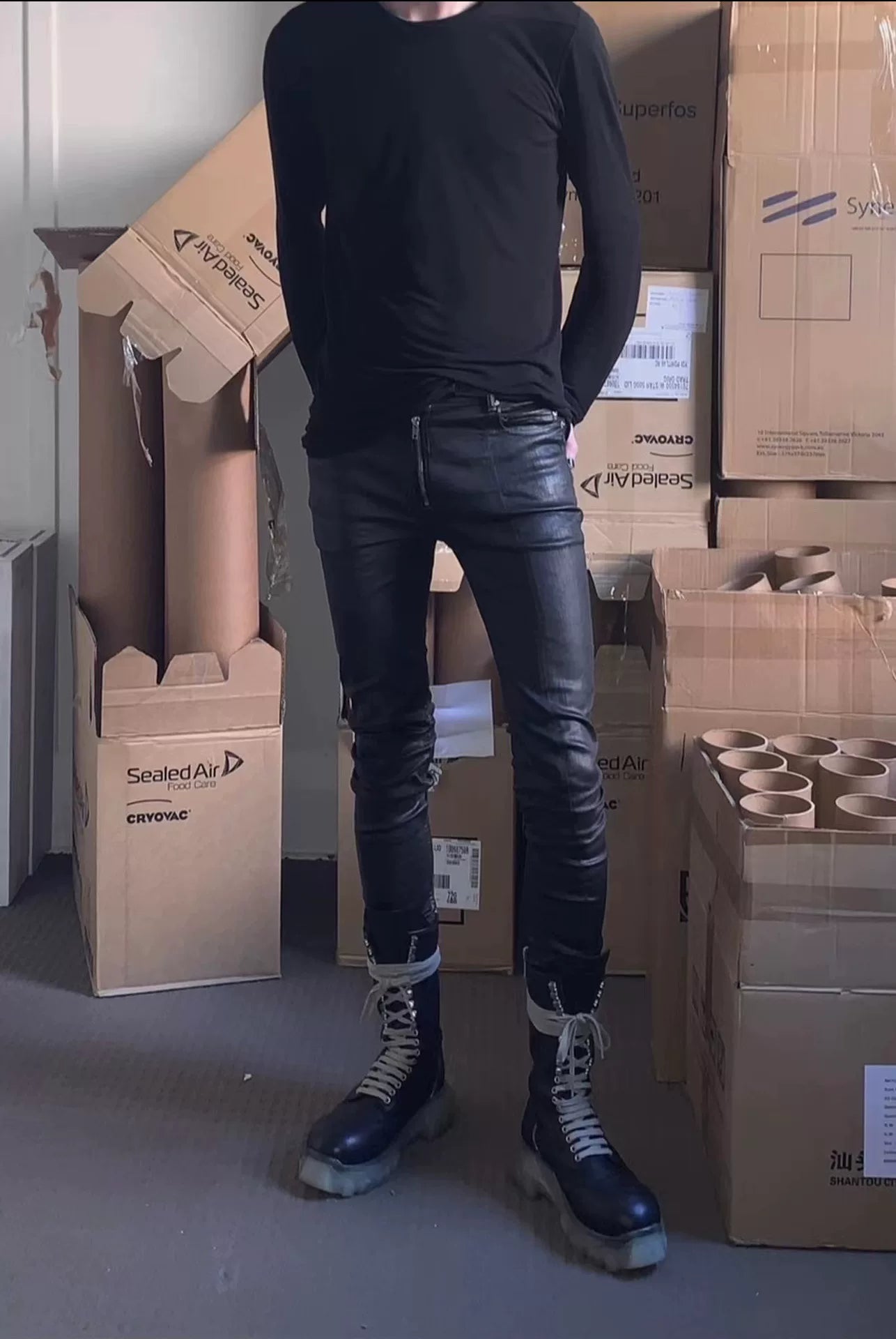 rick owens black waxed long pants