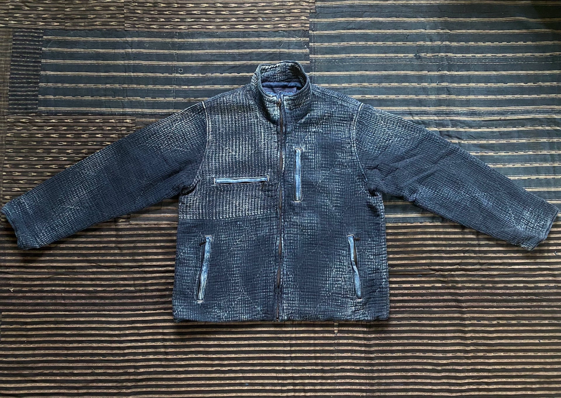 indigo sashiko light zip up outdoor jacket