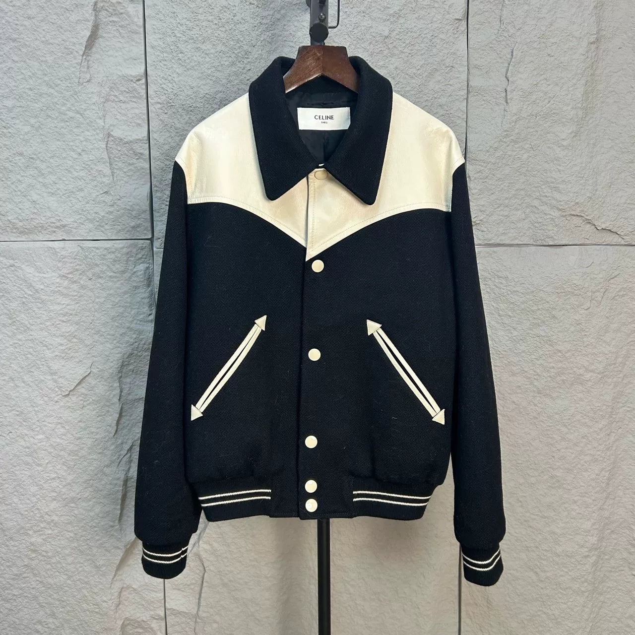 celine classic baseball jacket in black and cream