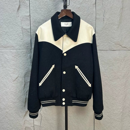 celine classic baseball jacket in black and cream