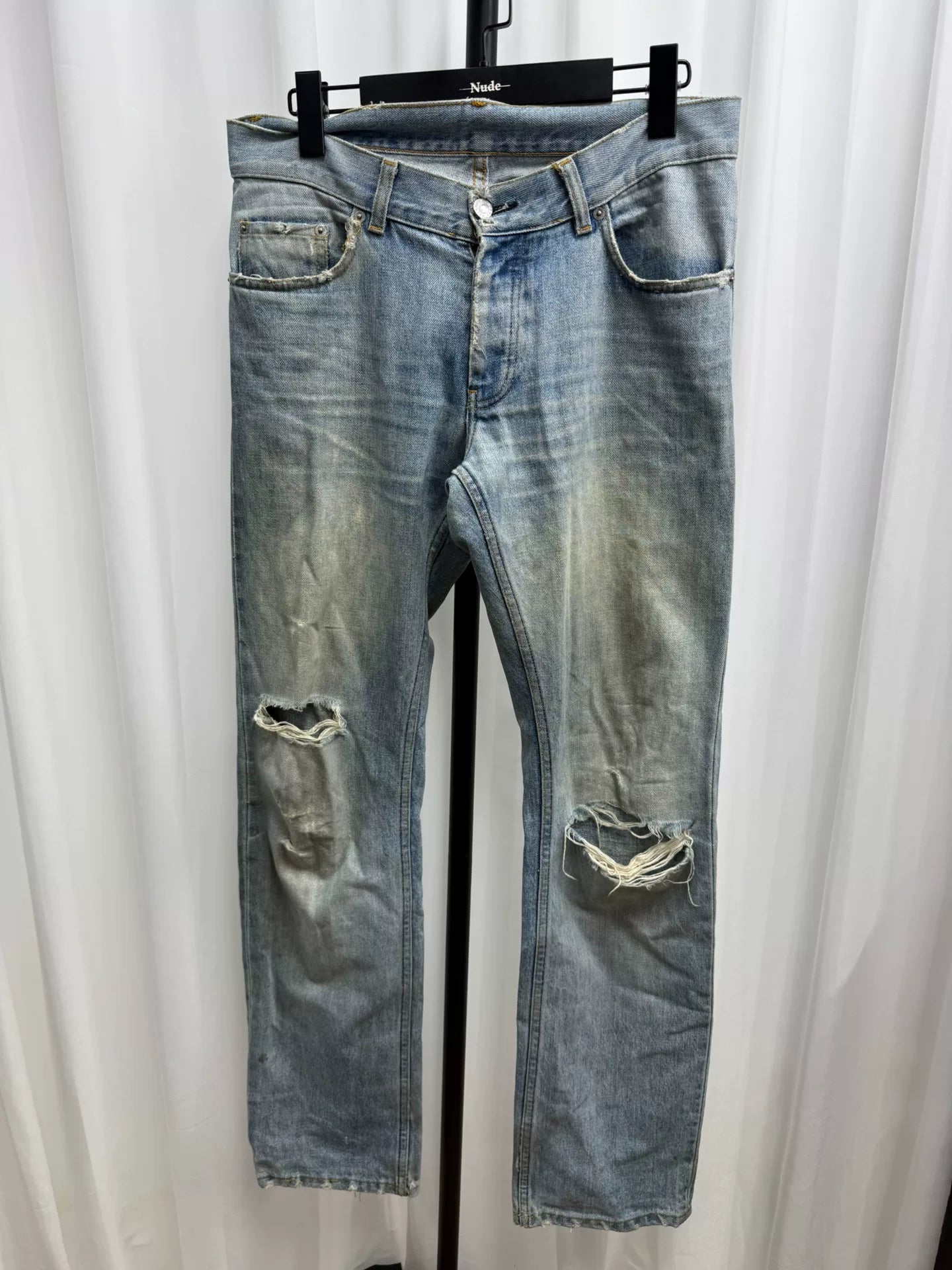 classic washed denim pants with distressing