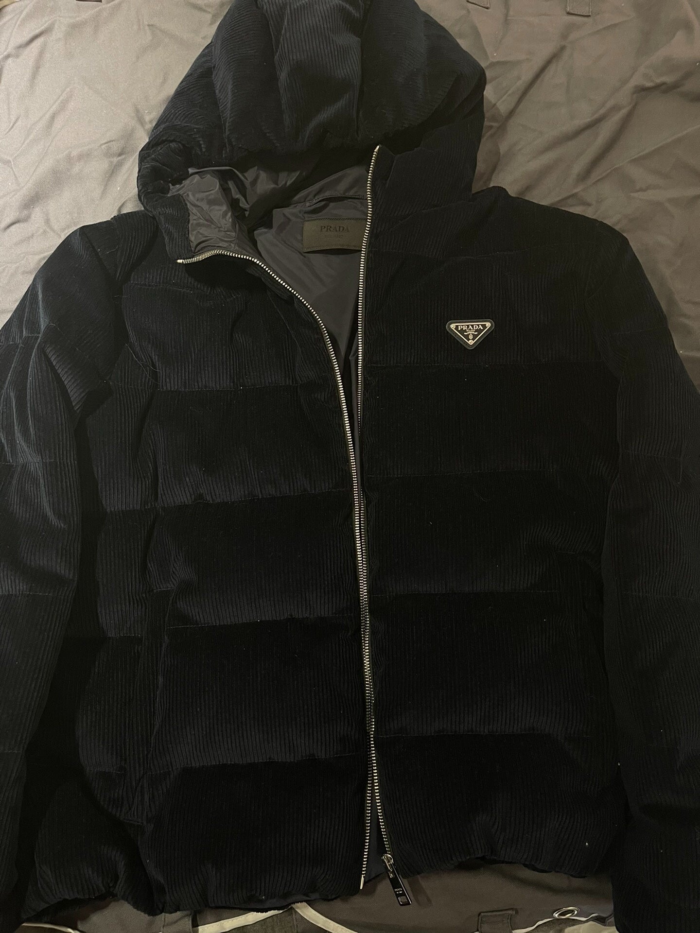 prada corduroy down jacket in navy blue