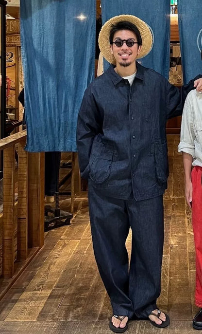 navy wide-leg denim pants by porter classic