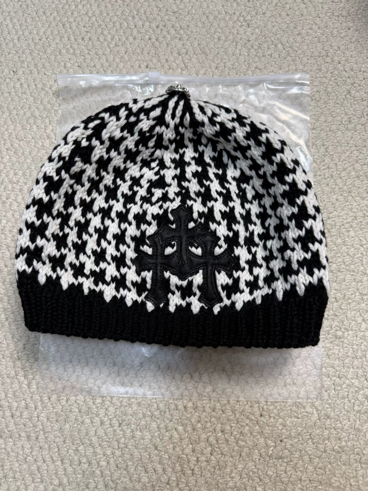 Chrome Hearts Cross Leather Patch Houndstooth Cashmere Beanie