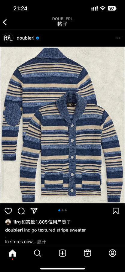 RRL 2025 SS Indigo Stripe Knit Cardigan