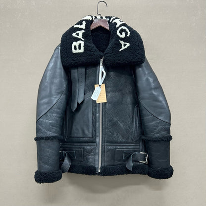 balenciaga black shearling leather biker jacket