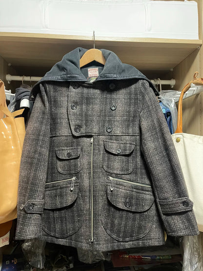 gray checkered wool hunting coat