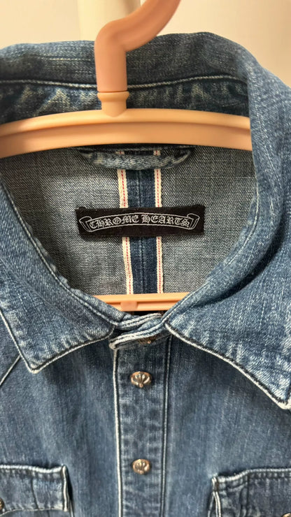 chrome hearts blue denim cross button-up shirt