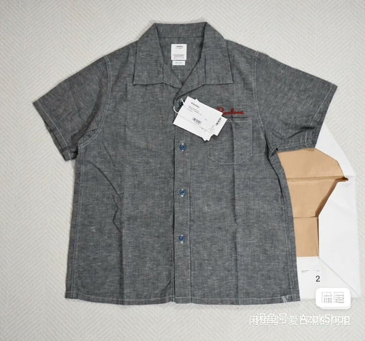 Visvim Gray Short-Sleeve Chambray Shirt with 'Peerless' Embroidery