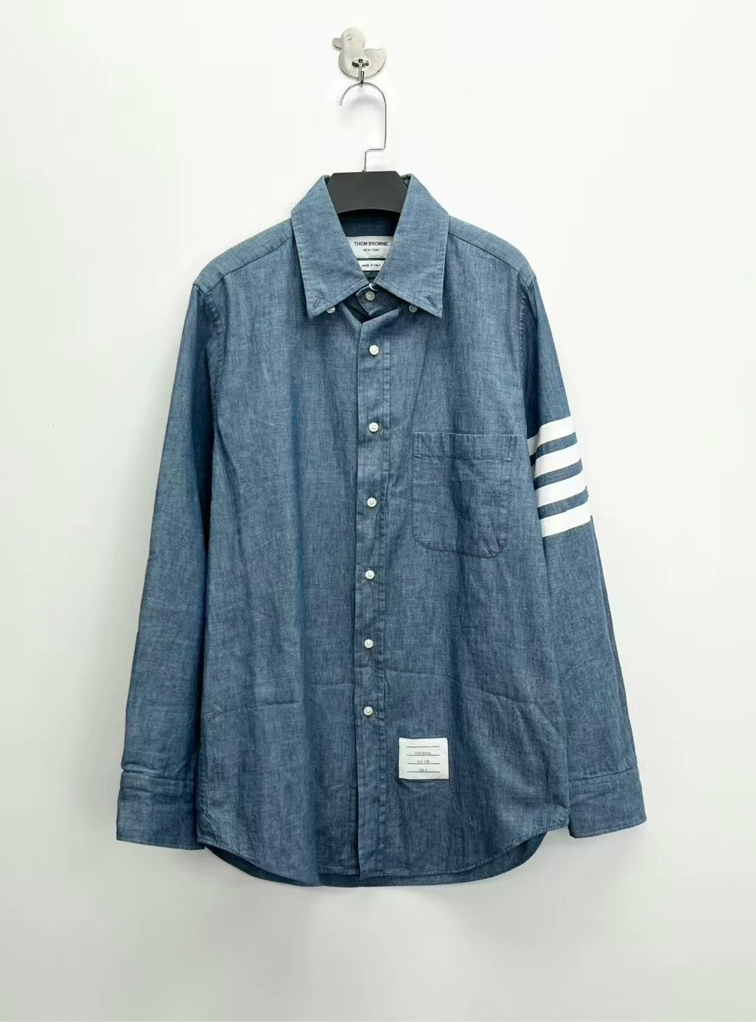 thom browne light blue striped button-up shirt