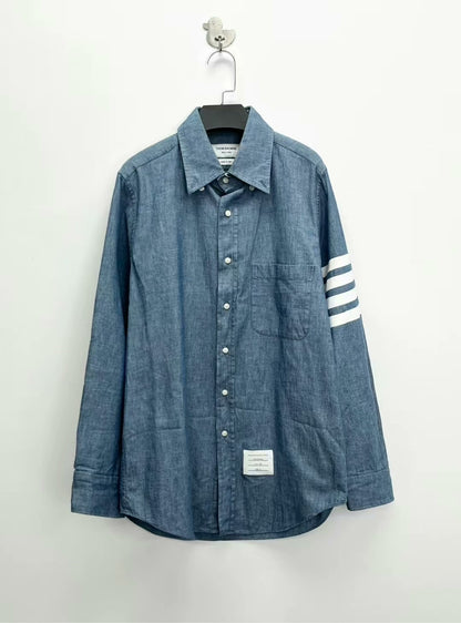 thom browne light blue striped button-up shirt