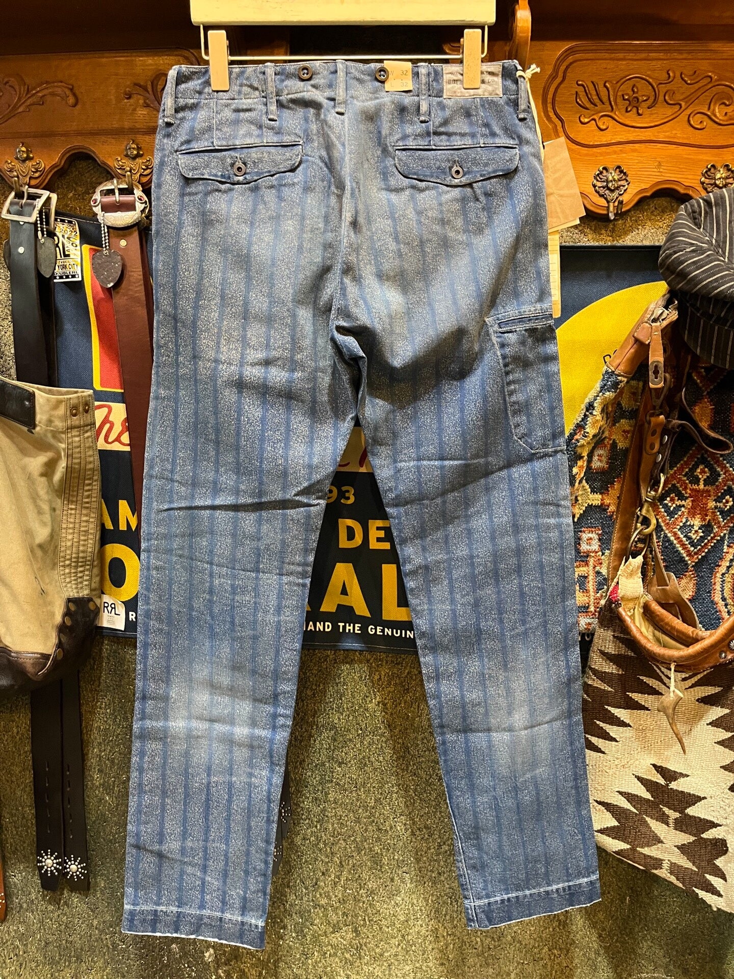 blue striped cotton twill pants