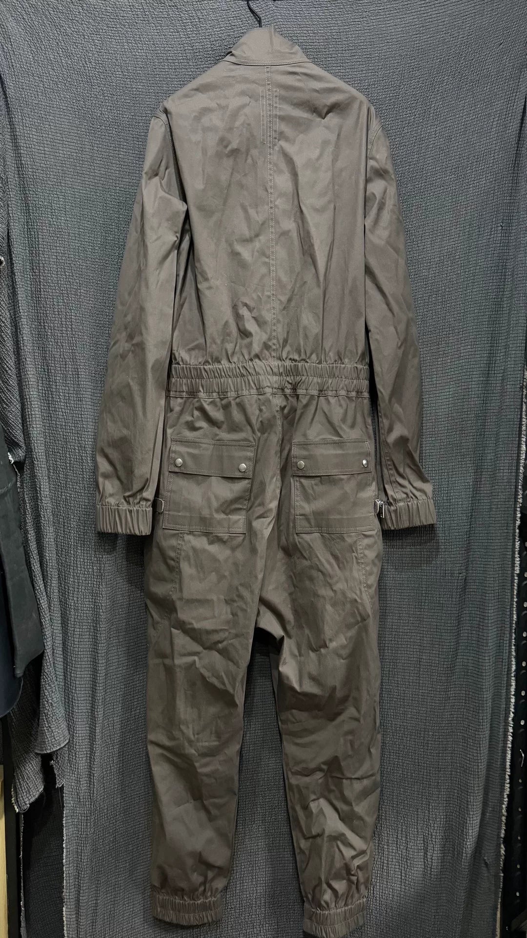 rick owens five-zip utility jumpsuit in dust
