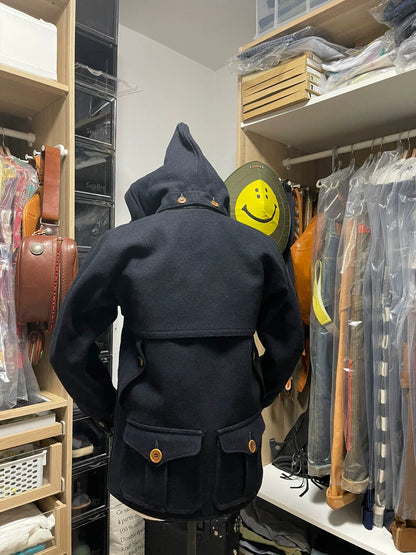 navy wool multi-pocket coat with detachable hood