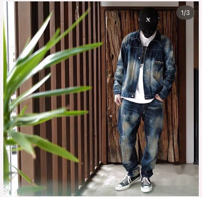 distressed blue starry denim pants