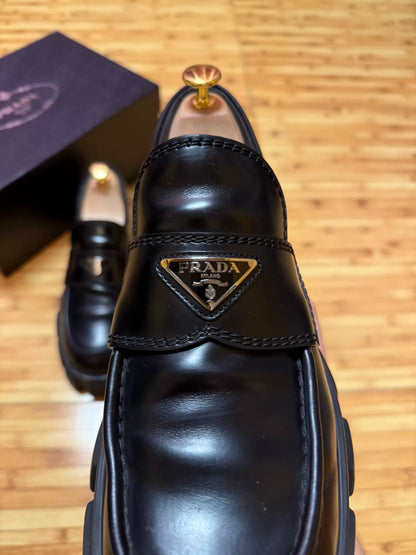 prada black leather platform shoes with logo
