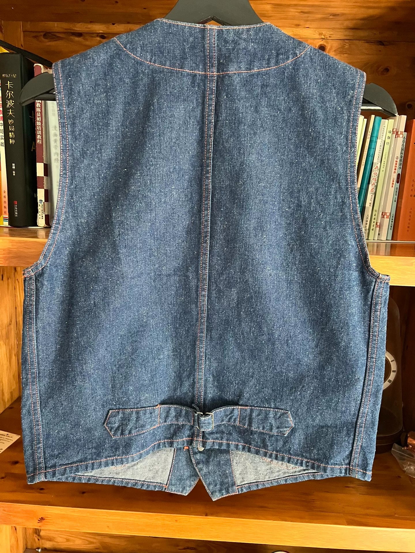 denim work vest with copper buttons