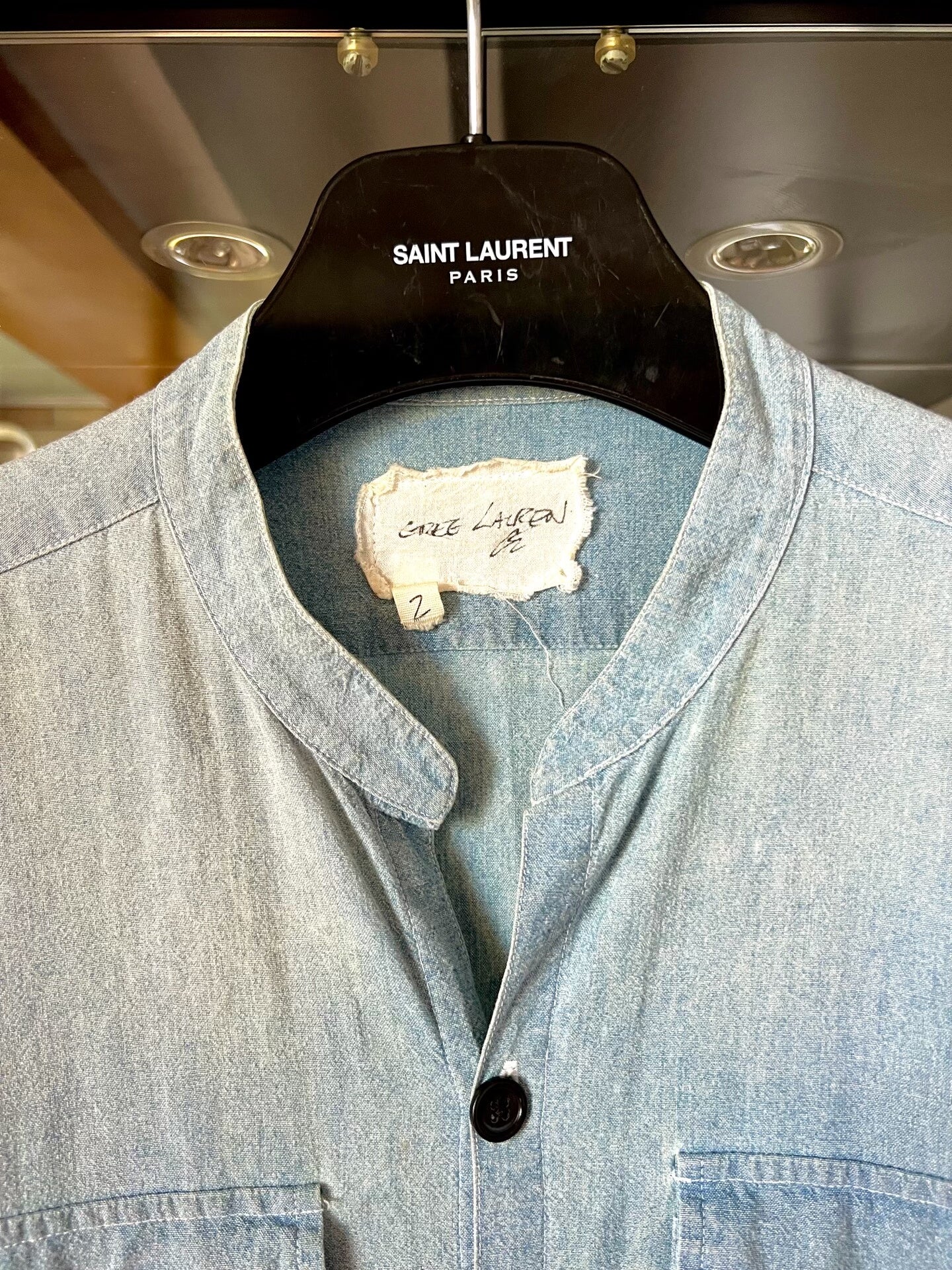 blue orange denim flannel henley shirt