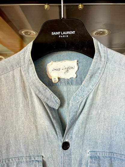 blue orange denim flannel henley shirt