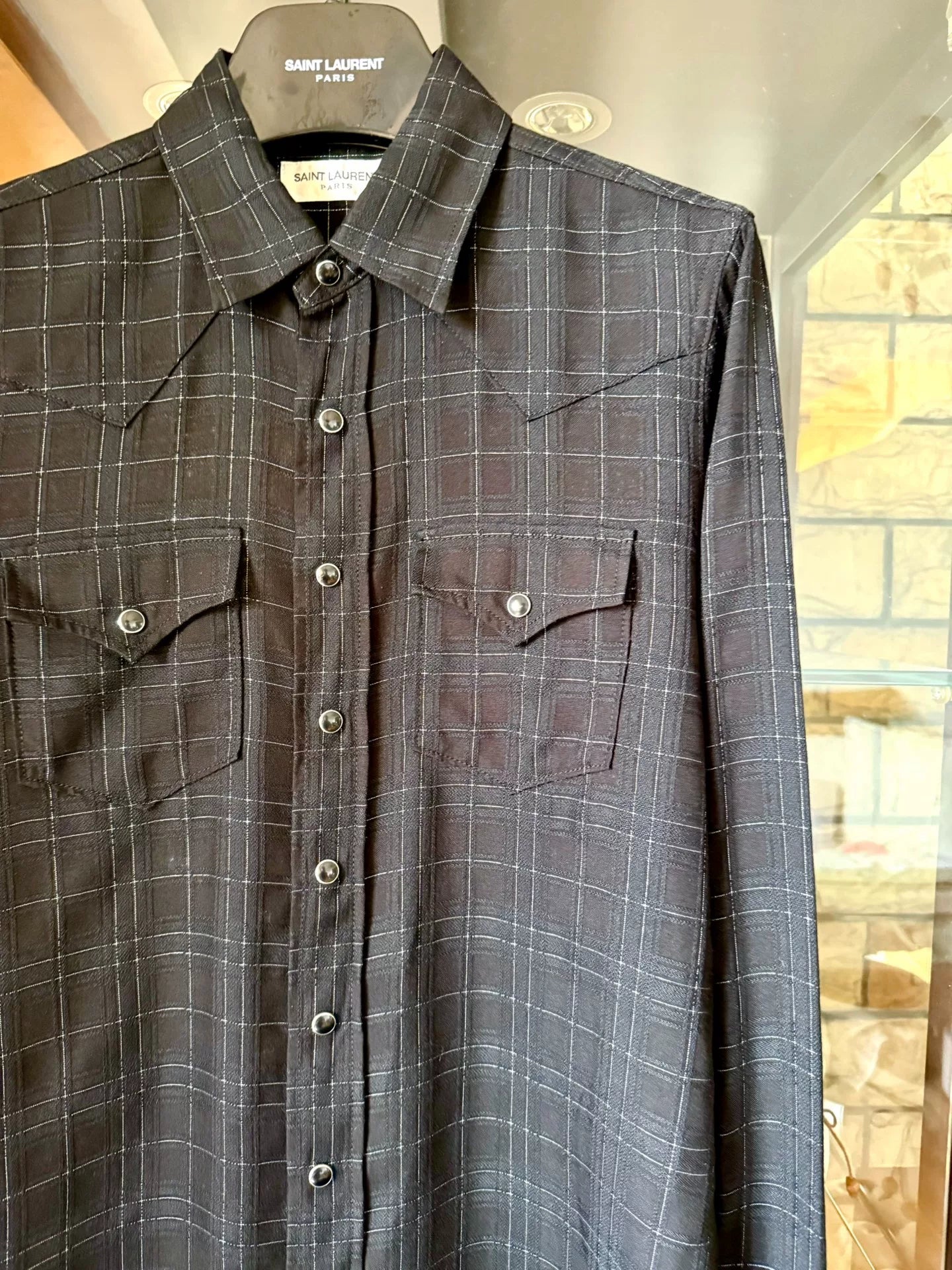 saint laurent black checkered button-up shirt