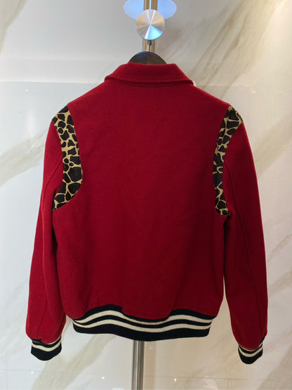 Saint Laurent Red Leopard Print Baseball Jacket