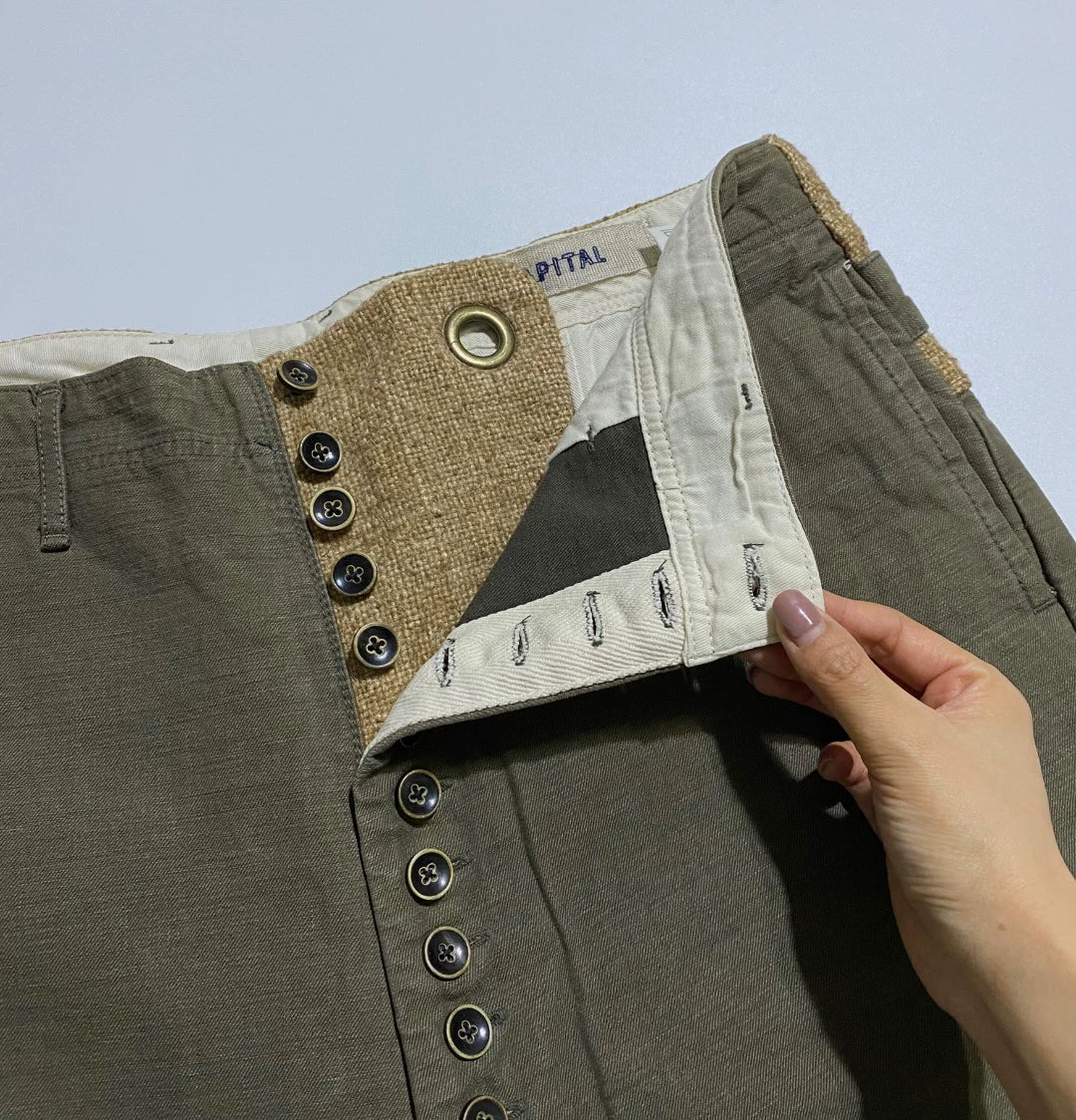 KAPITAL Cotton-Linen Spliced Riding Pants