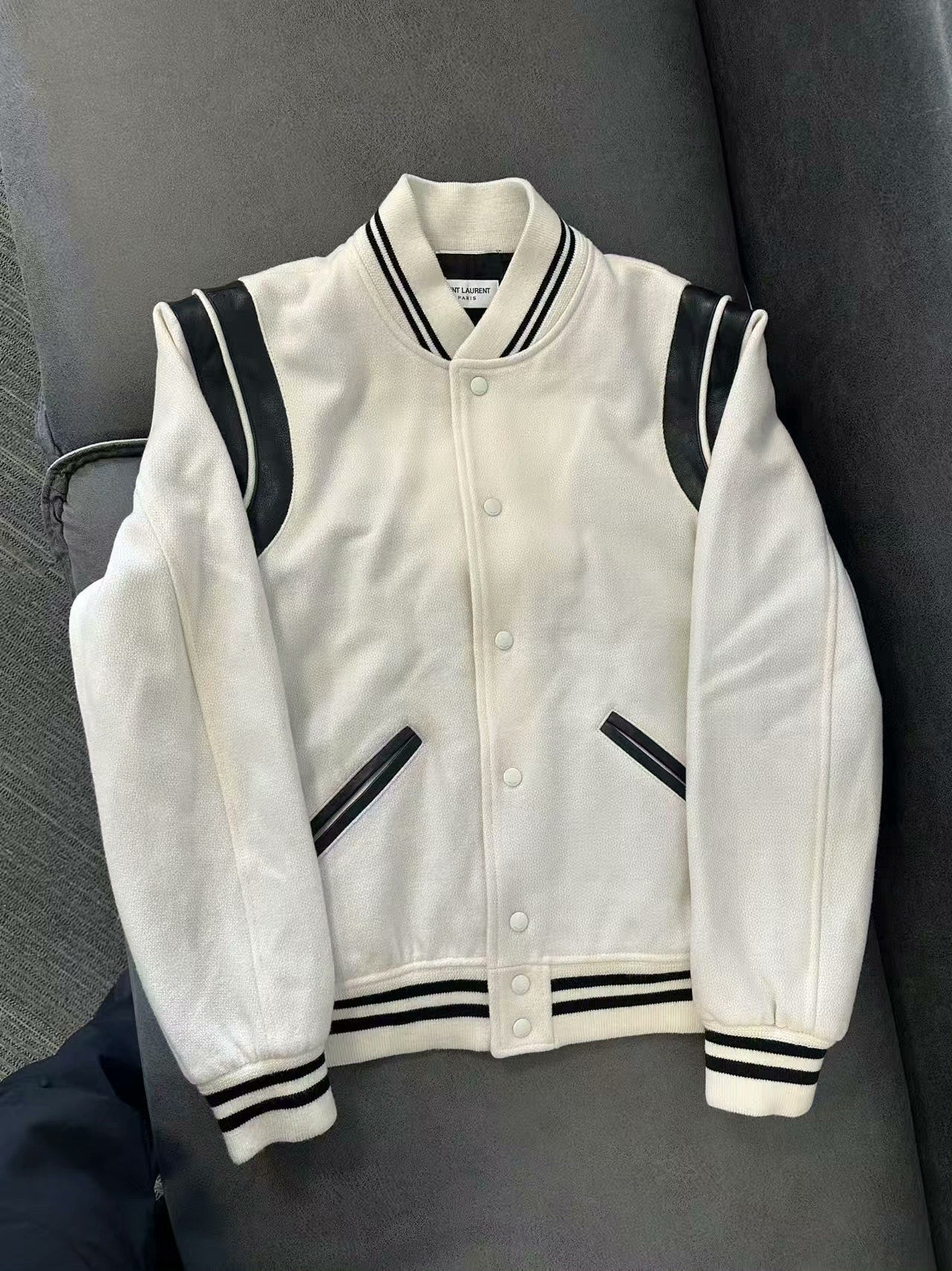 Saint Laurent White Wool Leather Sleeves Jacket