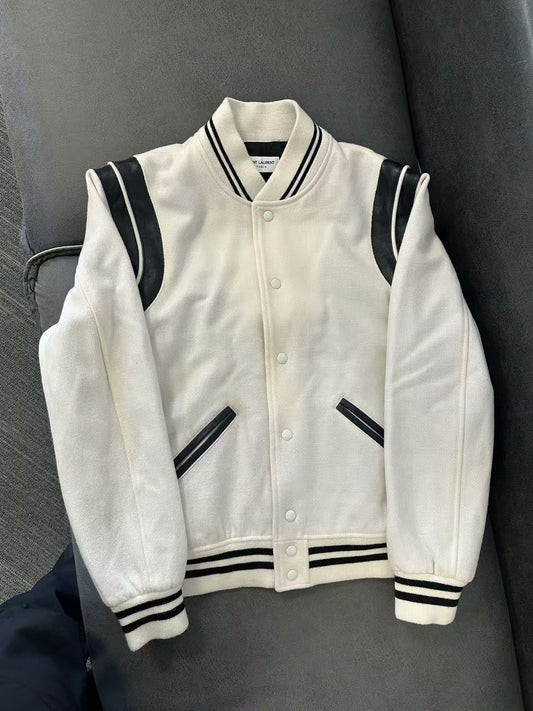 Saint Laurent White Wool Leather Sleeves Jacket