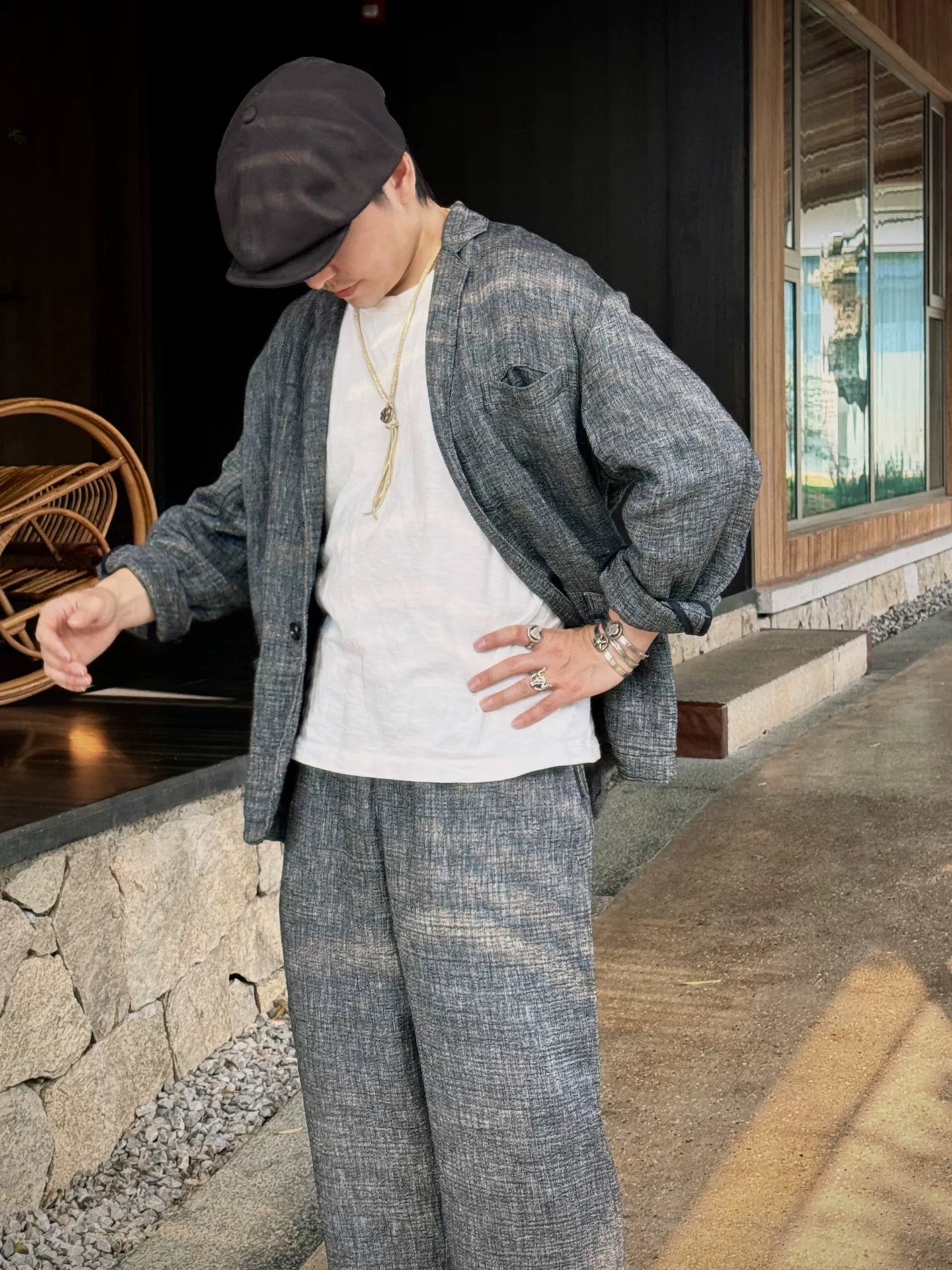 gray sashiko wide suit and pants set