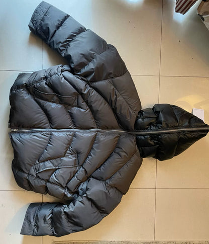 oversized gray-black leather cap puffer jacket