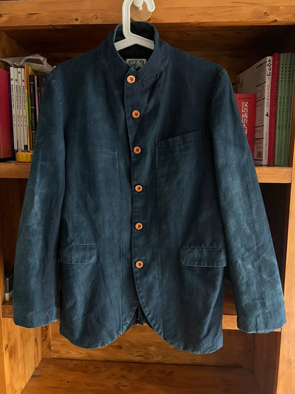 vintage blue dyed cotton linen blazer