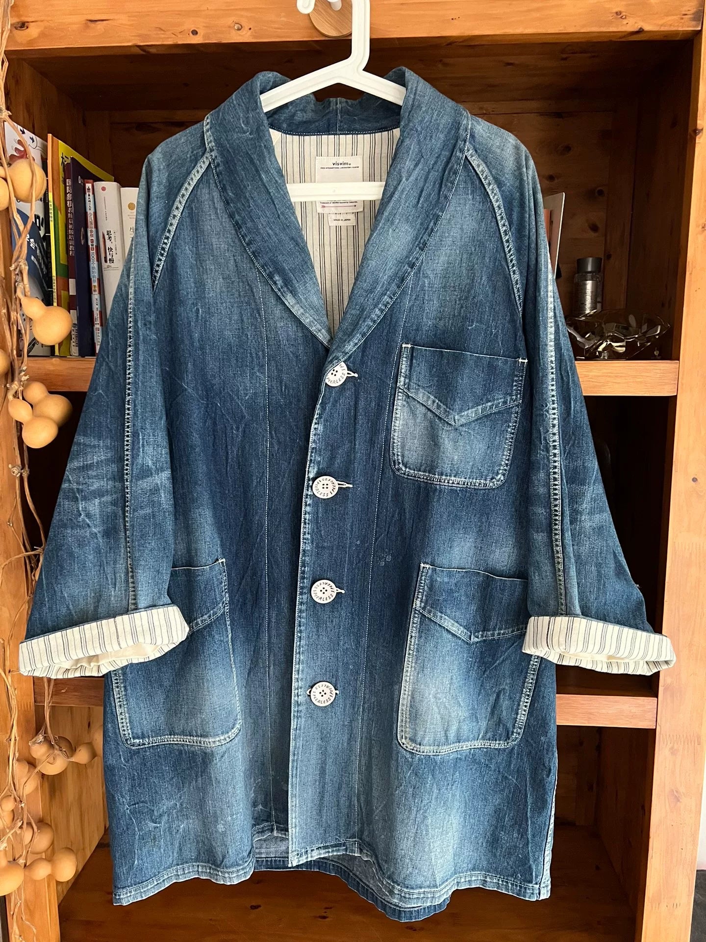 visvim four corners coat in blue denim