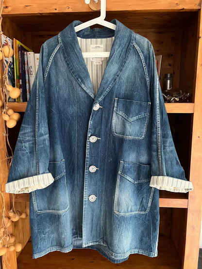 visvim four corners coat in blue denim