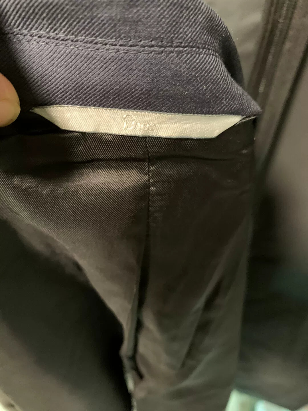 navy wool blazer with leather trim