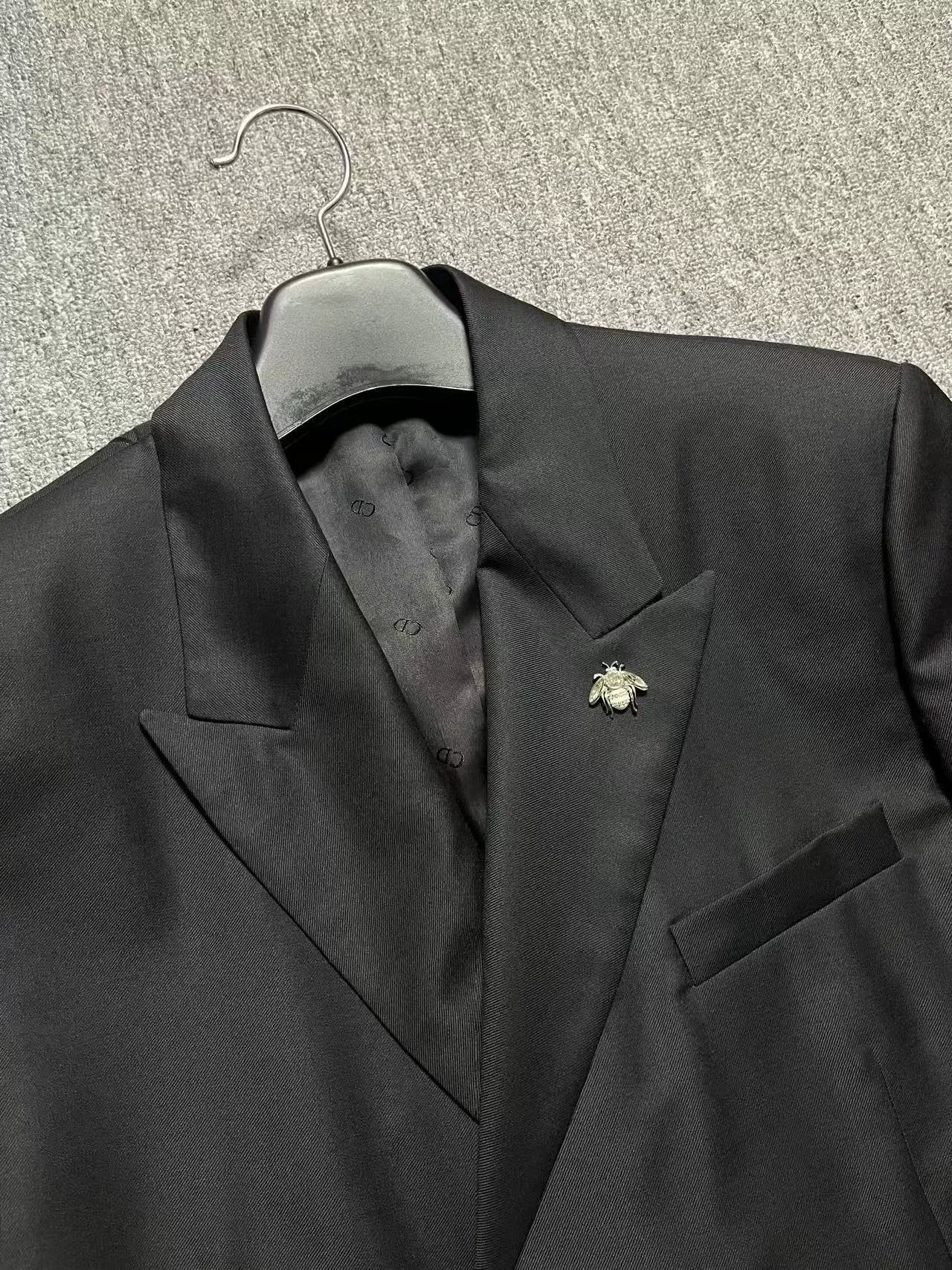 Dior Black Wool Suit with Bee Brooch