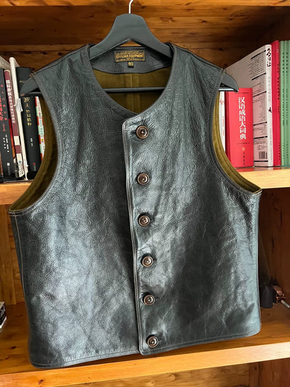 black leather vest with military green lining